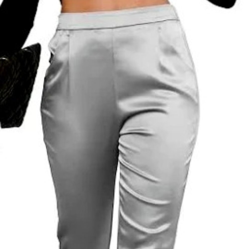 NWOT, SZ M, SILVER GRAY, Heavy Satin Cigarette Ankle Pants